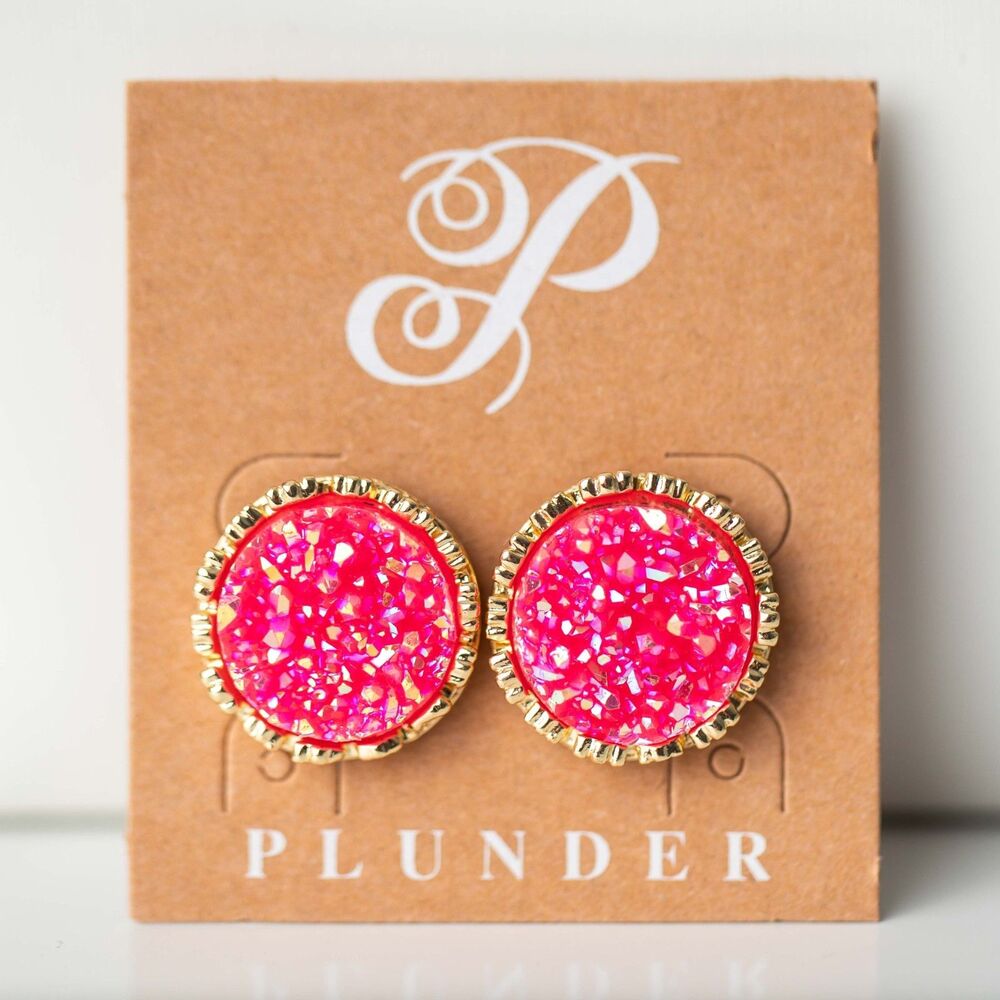 Plunder Hot Pink Druzy Glitter Round Stud Earrings Gold Tone Statement Jewelry